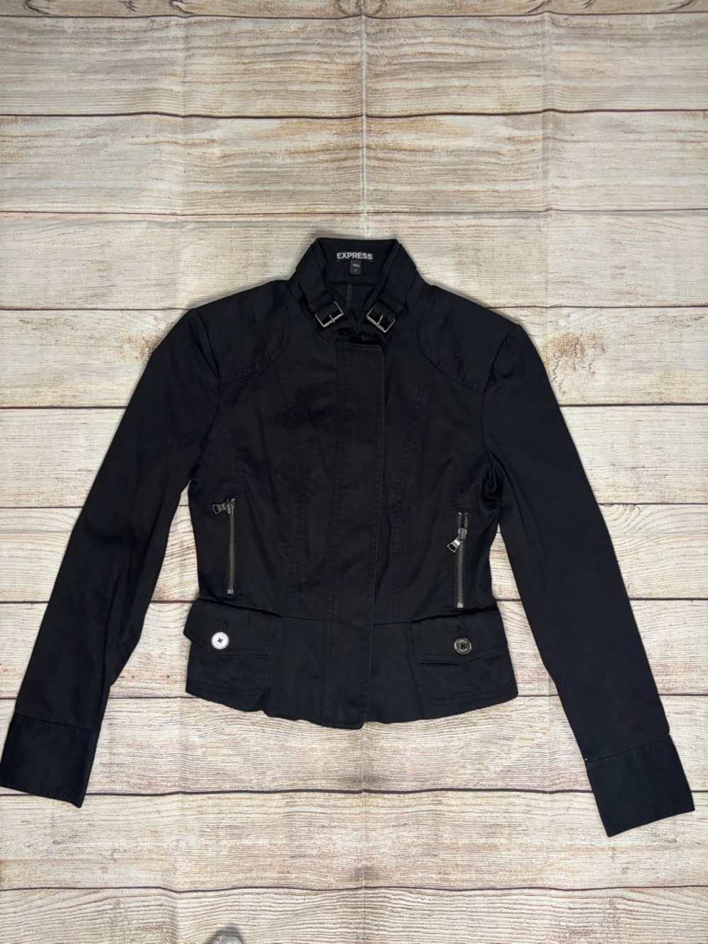 Express Black Women's Utility Fitted Jacket with Buckle Collar
